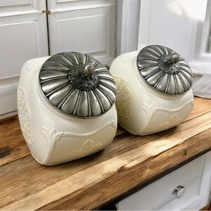 Rare Lenox Butler’s Pantry Canister Set of 2 Ivory Porcelain w Pewter Lids